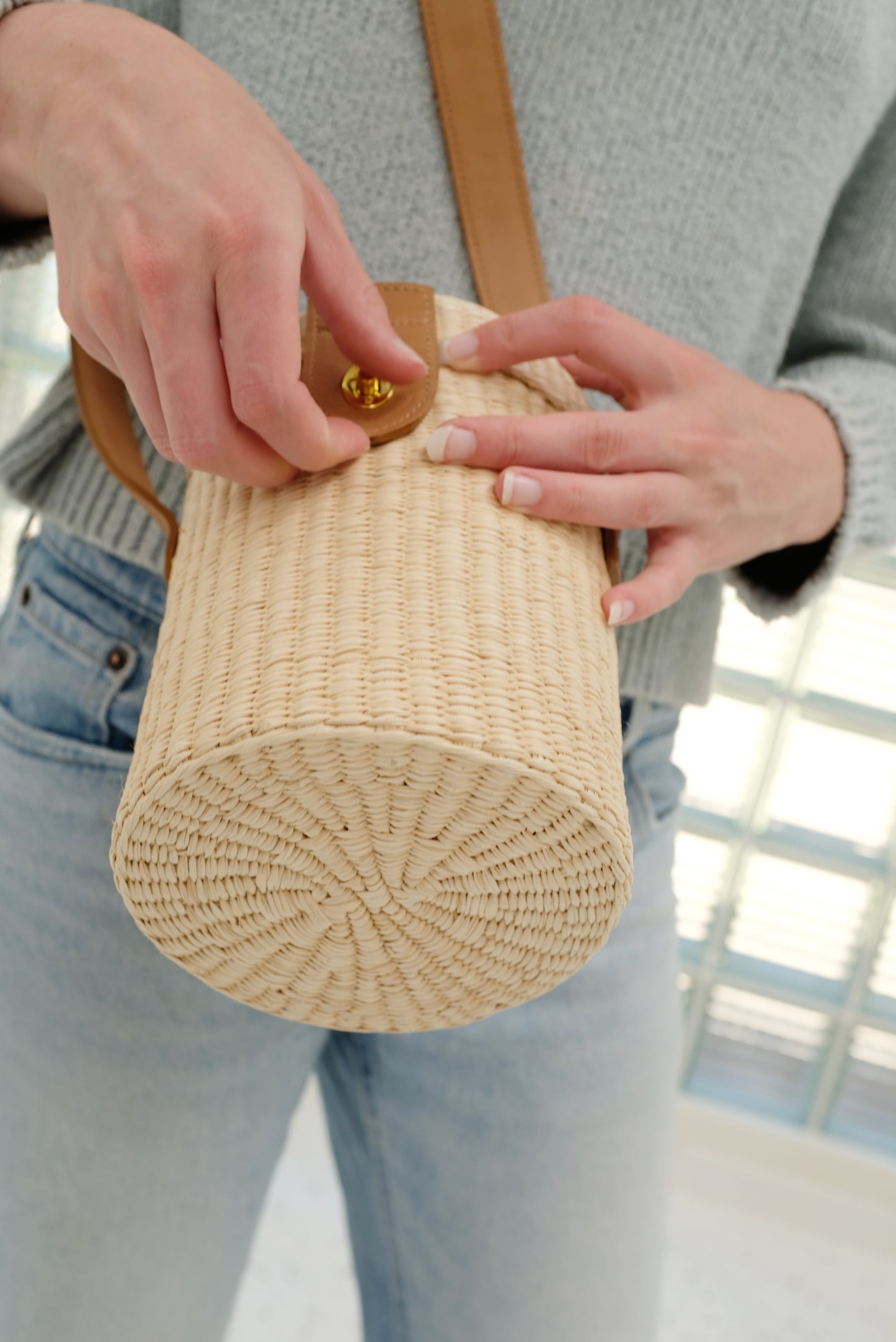 Beklina Straw Leather Basket Bag