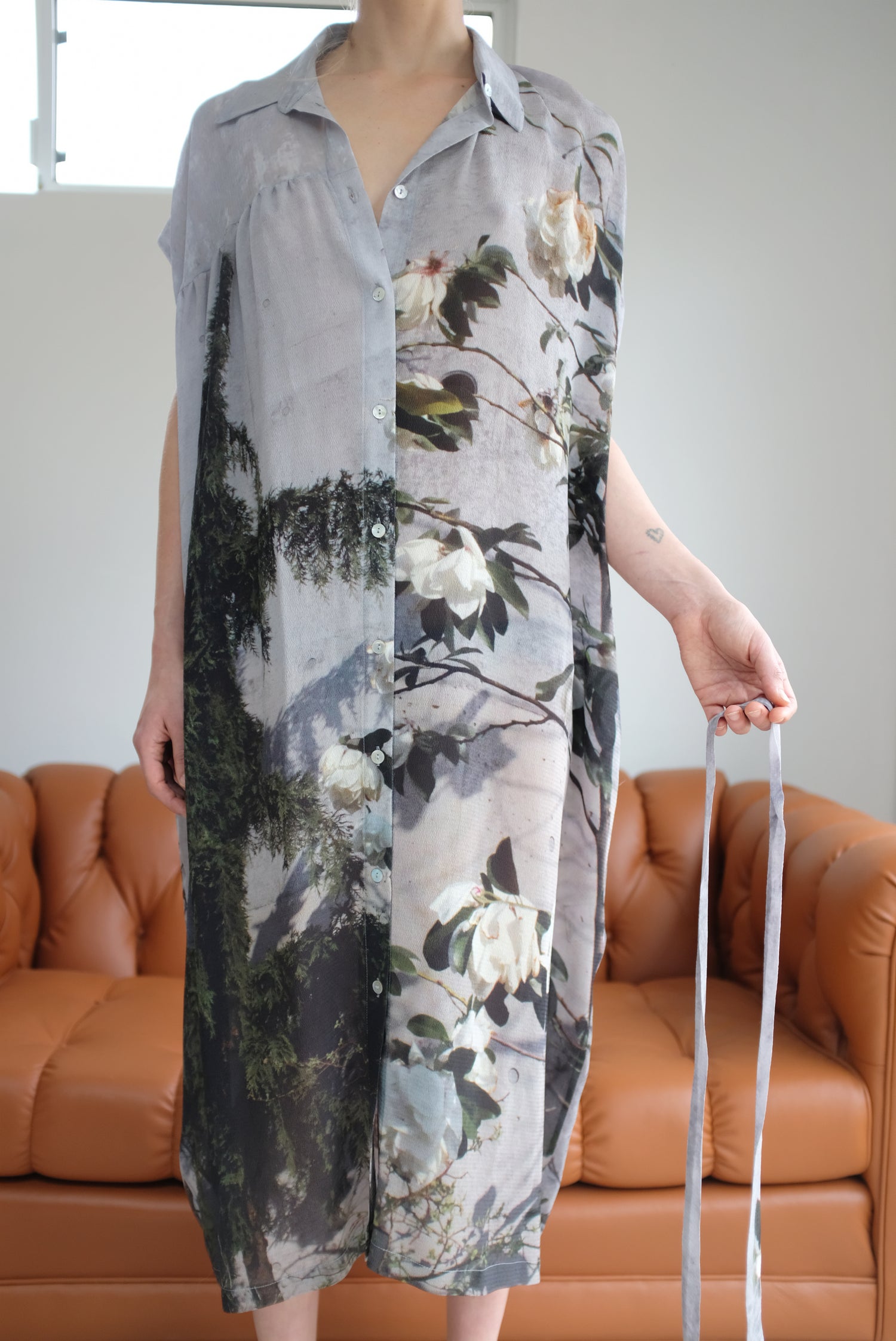 Anntian Silk Button Down Dress Floral Print Magnolie