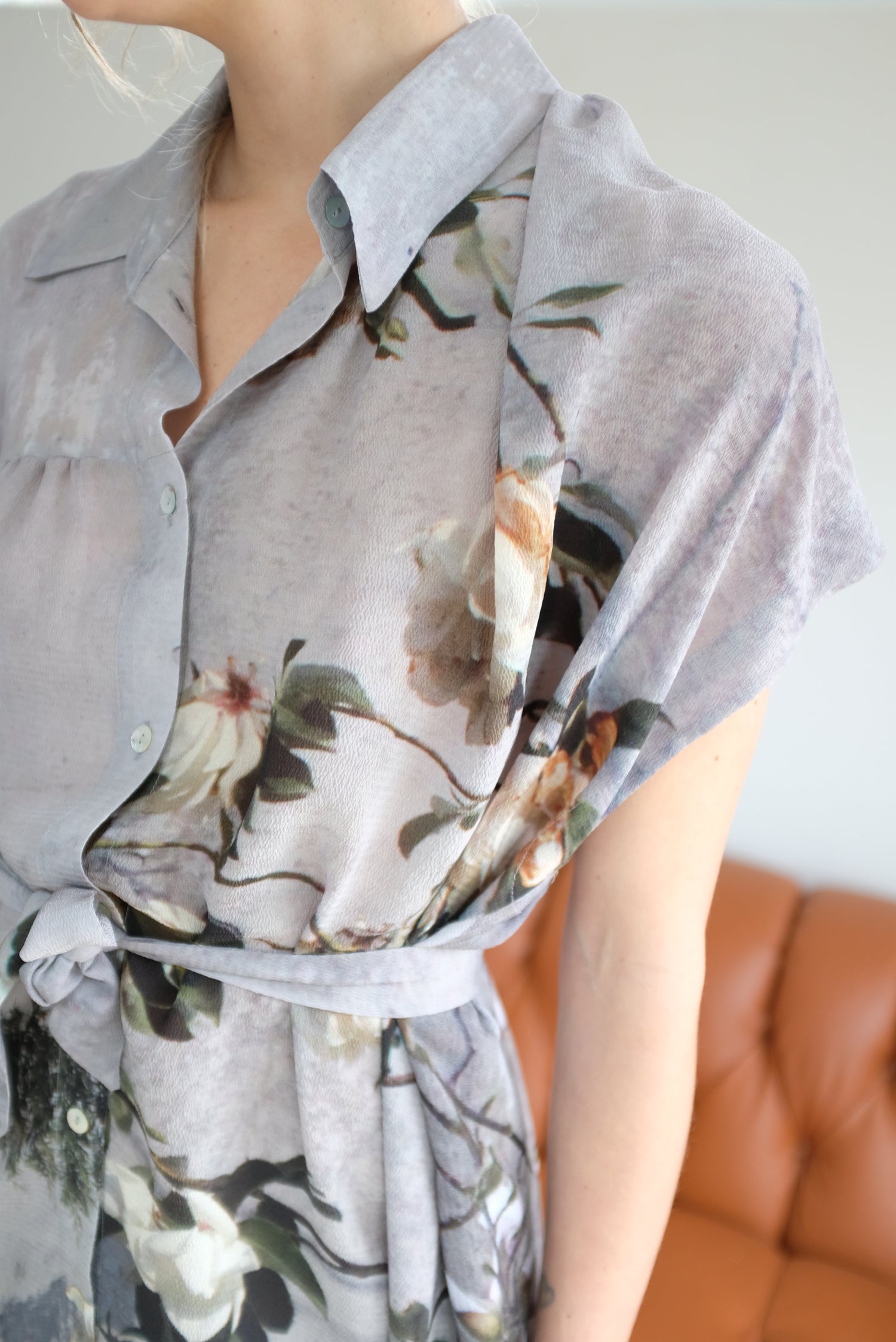 Anntian Silk Button Down Dress Floral Print Magnolie