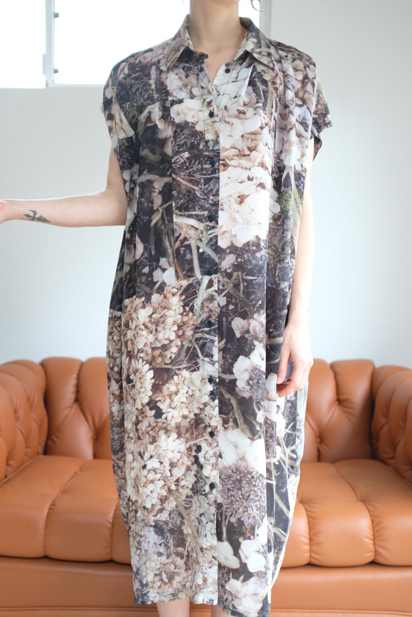Anntian Silk Button Down Dress Floral Print Dry Flower