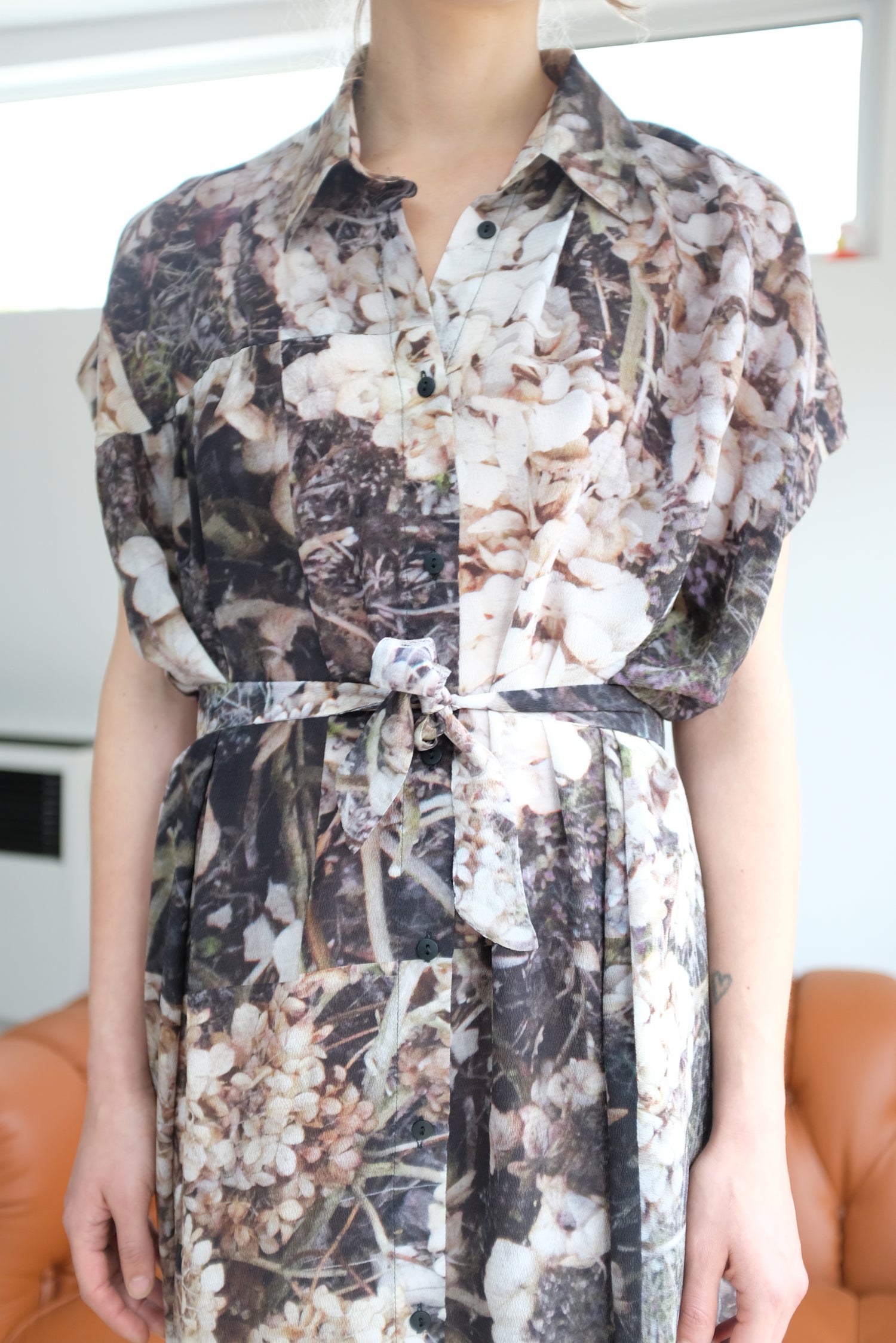 Anntian Silk Button Down Dress Floral Print Dry Flower