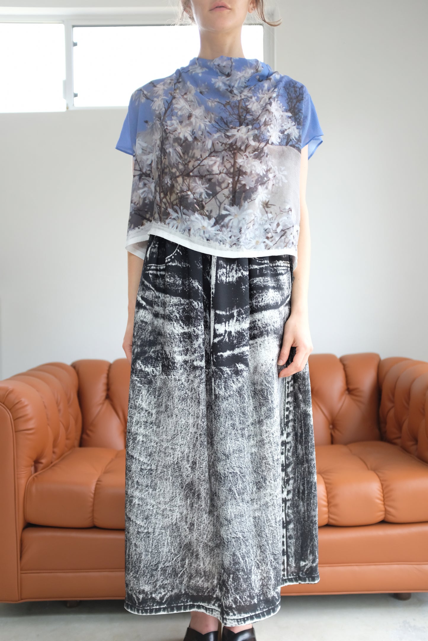 Anntian Silk Skirt Print Fake Jeans Black