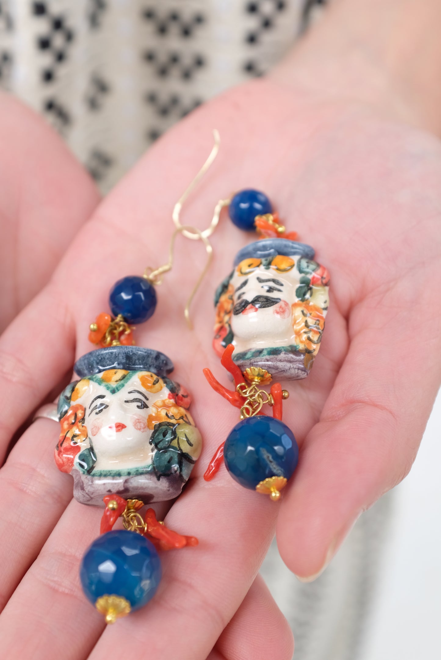 Italian Hand Painted Ceramic Earrings Blue Faces