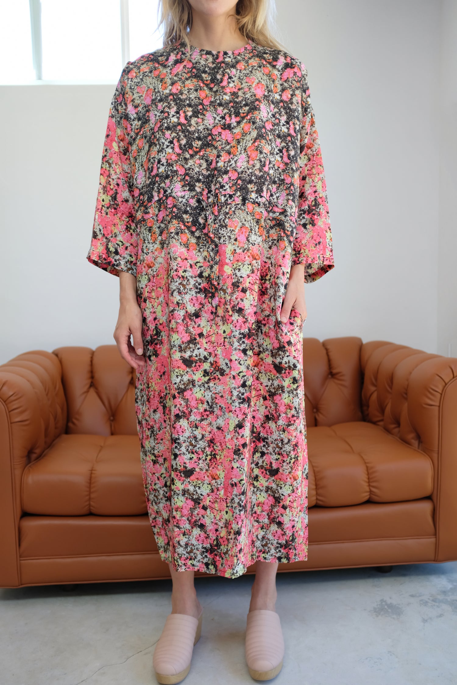 Anntian Silk Simple Dress Print L Pink