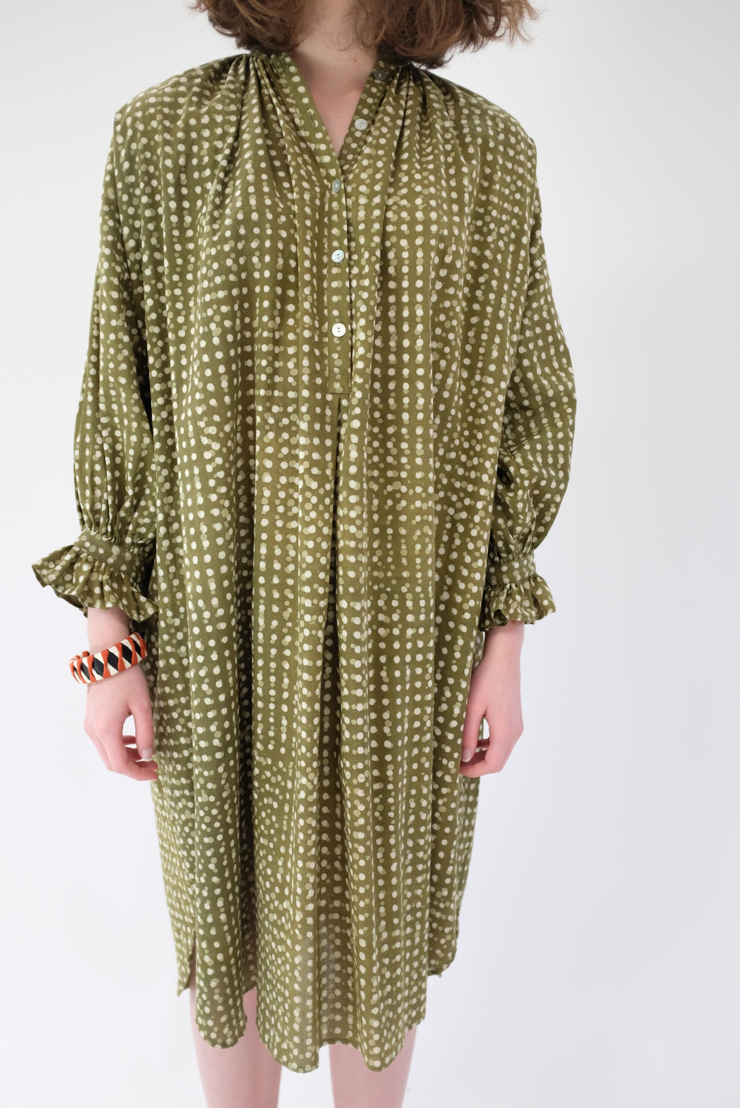 Heinui Dino Dress Olive Green Dots