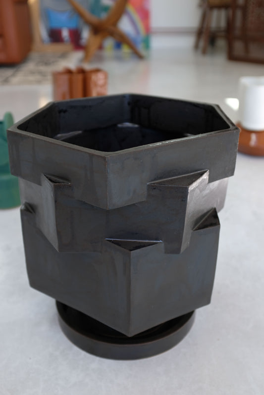Bari Ziperstein Large Contemporary Ceramic Black Hexagon Planter