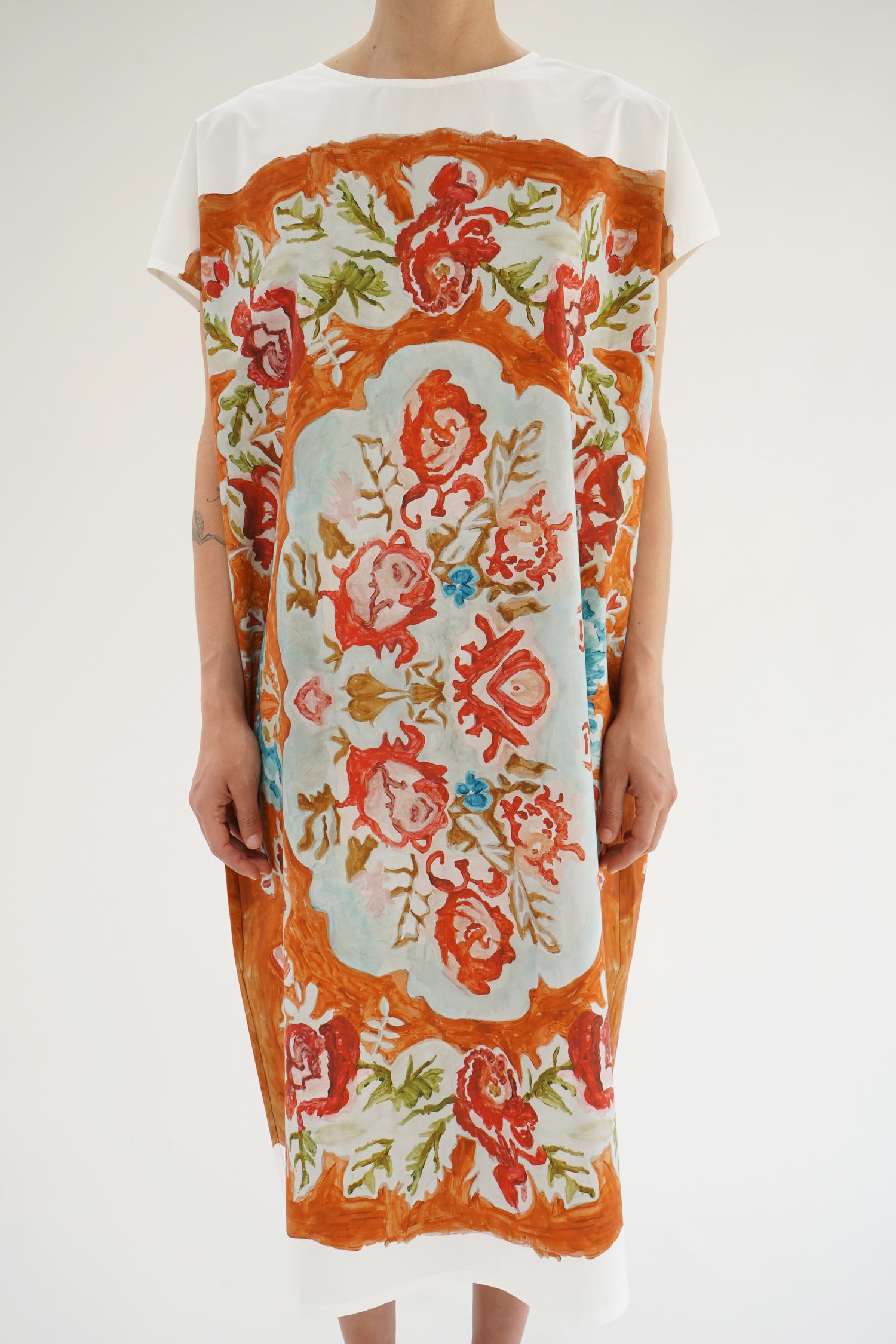 Anntian Painted Flowers Copper T-Shirt Dress