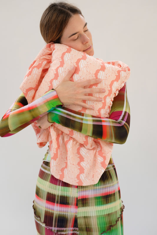 Beklina Ruffle Pillow French Ribbon Flamingo Glow