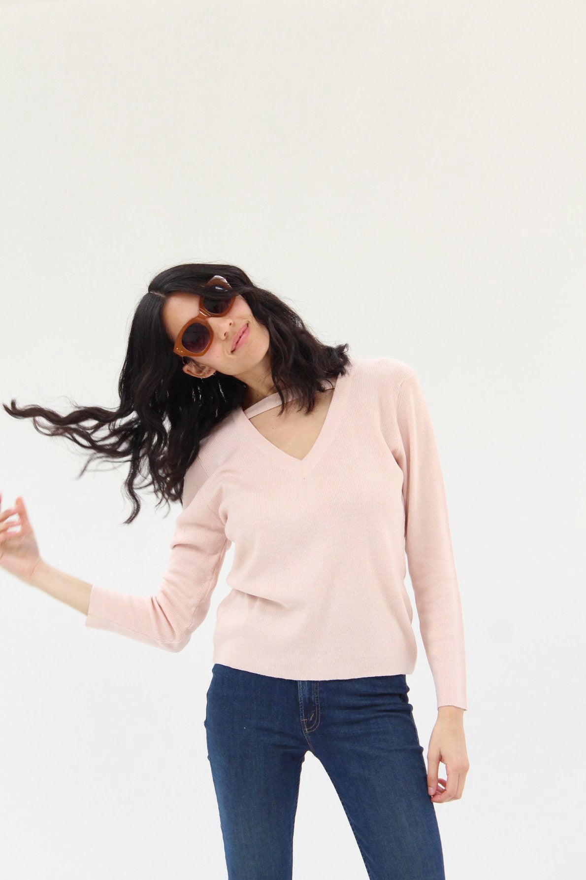 Beklina Ribbed Bar V-Neck Sweater Cloud