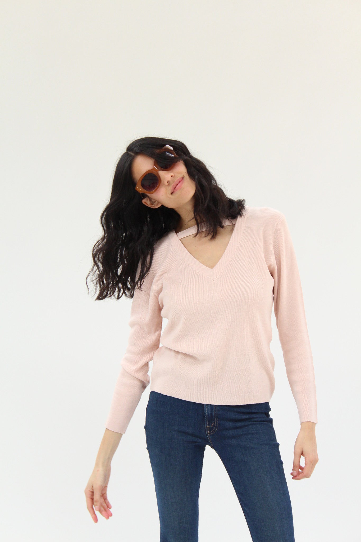 Beklina Ribbed Bar V-Neck Sweater Cloud
