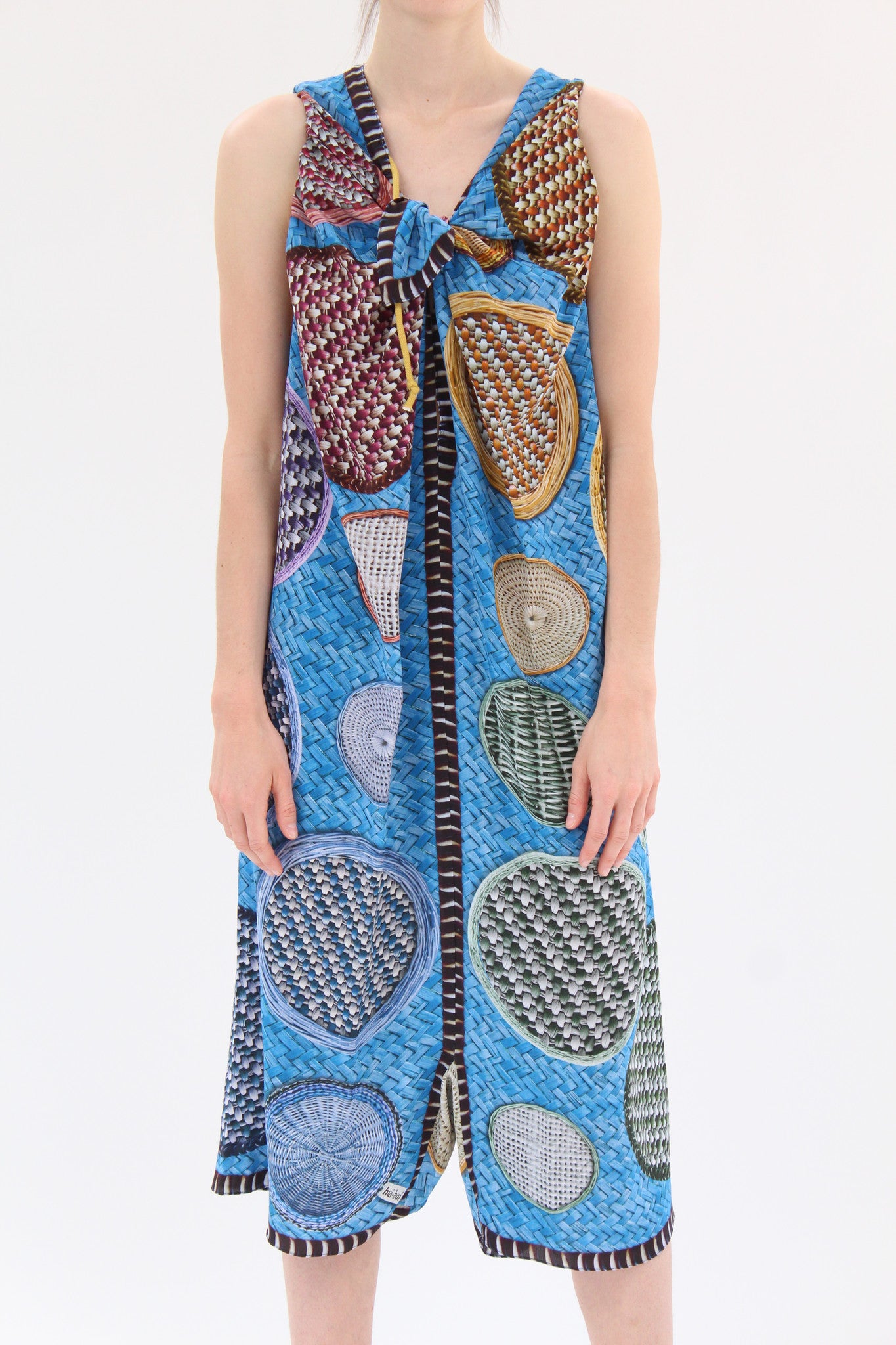 Hui Hui Silk Overall Dress Blue Basket Print